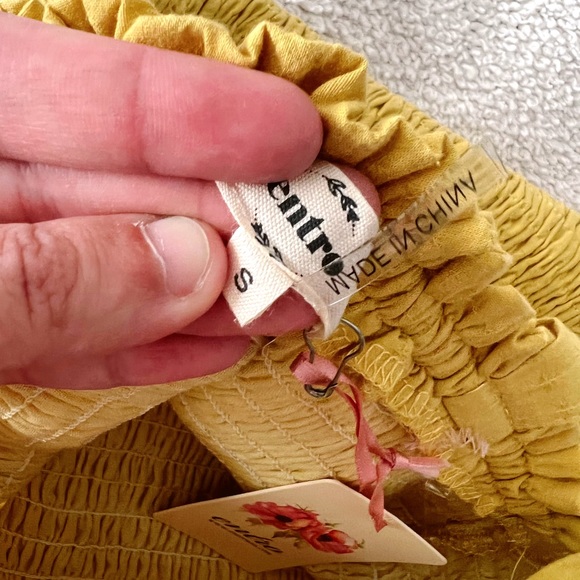 (entro) NWT gold mustard yellow smocked sleeveless mini short dress tie straps - Picture 5 of 7